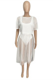White Sexy Casual Solid See-through O Neck Short Sleeve Three-piece Set