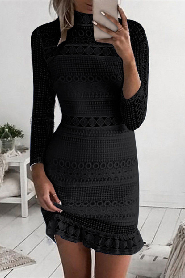 Black Fashion Casual Solid Basic Turtleneck Long Sleeve Dresses