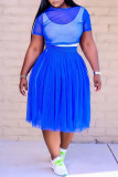 Blue Sexy Casual Solid See-through O Neck Short Sleeve Three-piece Set