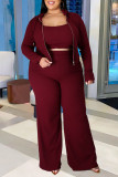 Burgundy Fashion Sportswear Solid Split Joint Hooded Collar Plus Size Three Pieces