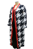 Black White Fashion Casual Plaid Patchwork Plus Size Overcoat