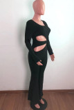 Black Fashion Sexy Solid Hollowed Out Square Collar Jumpsuits