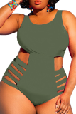 Army Green Sexy Solid Hollowed Out U Neck Plus Size Swimwear
