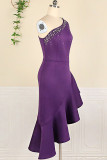 Purple Fashion Sexy Solid Beading One Shoulder Irregular Dresses