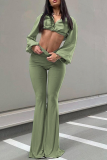 Green Casual Split Joint Boot Cut High Waist Speaker Solid Color Bottoms