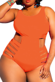 Orange Sexy Solid Hollowed Out U Neck Plus Size Swimwear
