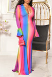Colour Fashion Casual Print Basic Turtleneck Long Sleeve Dresses