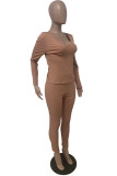Coffee Fashion Casual Solid Basic V Neck Long Sleeve Two Pieces