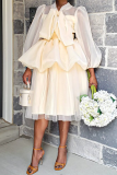 Apricot Casual Solid Flounce O Neck Cake Skirt Dresses
