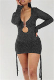 Silver Fashion Sexy Solid Bandage Hollowed Out V Neck Long Sleeve Dresses