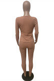 Coffee Fashion Casual Solid Basic V Neck Long Sleeve Two Pieces