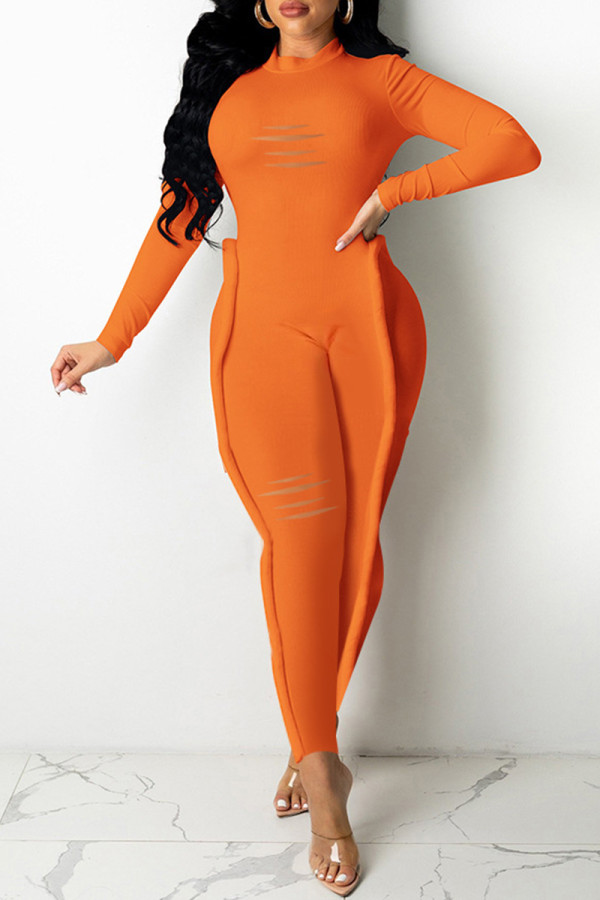 Orange Fashion Casual Solid Ripped Patchwork Half A Turtleneck Regular Jumpsuits