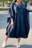 Rose Red Casual Solid Flounce O Neck Cake Skirt Dresses