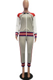 Grey Fashion Casual Print Patchwork Zipper Collar Long Sleeve Two Pieces