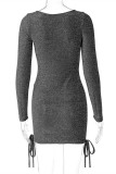 Silver Fashion Sexy Solid Bandage Hollowed Out V Neck Long Sleeve Dresses