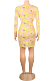 Yellow Sexy Print Split Joint V Neck Long Sleeve Two Pieces