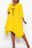 Yellow Casual Print Patchwork Asymmetrical Long Sleeve Dresses
