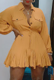 Khaki Fashion Casual Solid Basic Turndown Collar Long Sleeve Dresses