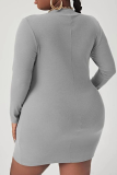 Grey Sexy Solid Split Joint Zipper Collar Pencil Skirt Plus Size Dresses