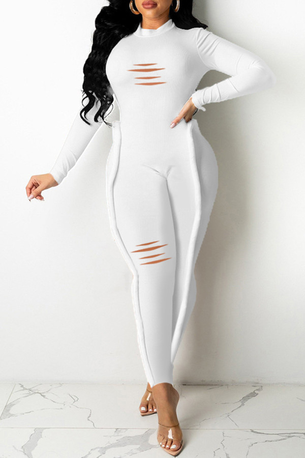 White Fashion Casual Solid Ripped Patchwork Half A Turtleneck Regular Jumpsuits