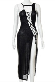 Yellow Sexy Solid Bandage Hollowed Out Slit O Neck Sleeveless Dress
