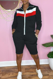 Red Fashion Casual Patchwork Basic Zipper Collar Long Sleeve Two Pieces