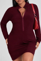 Burgundy Sexy Solid Split Joint Zipper Collar Pencil Skirt Plus Size Dresses