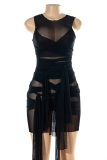 Tangerine Red Sexy Solid Mesh O Neck Irregular Dress Dresses