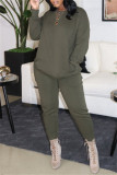 Army Green Casual Solid Basic O Neck Long Sleeve Two Pieces