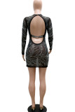 Apricot Sexy Solid Patchwork See-through Backless Beading Hot Drill O Neck One Step Skirt Dresses