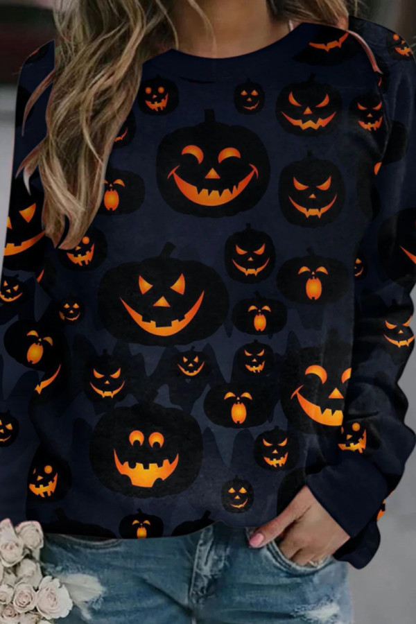 Black Fashion Casual Print Basic O Neck Tops