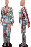 Powder Blue Casual Print Patchwork Buttons Turn-back Collar Long Sleeve Two Pieces