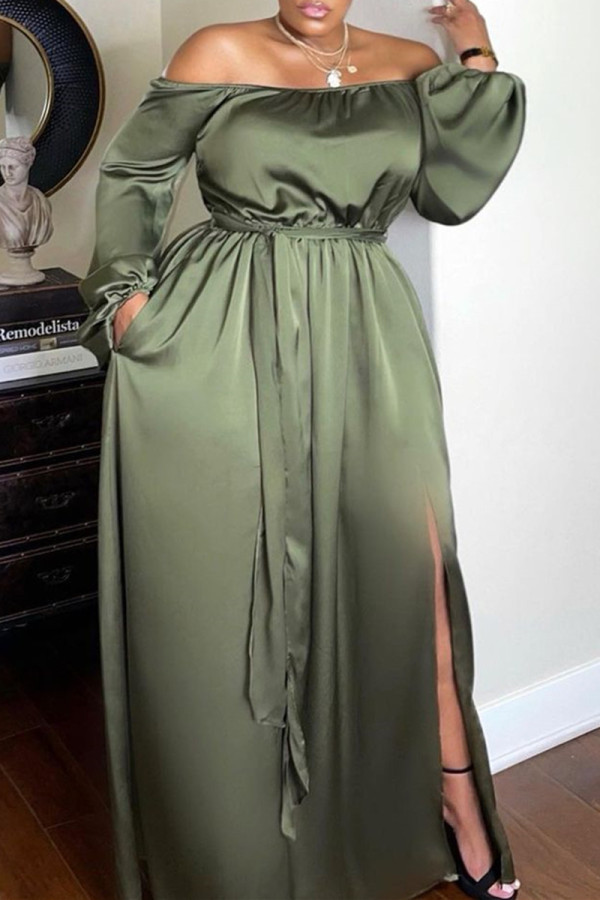 Green Pre-sale Fashion Solid Backless Slit Off the Shoulder Long Sleeve Dresses