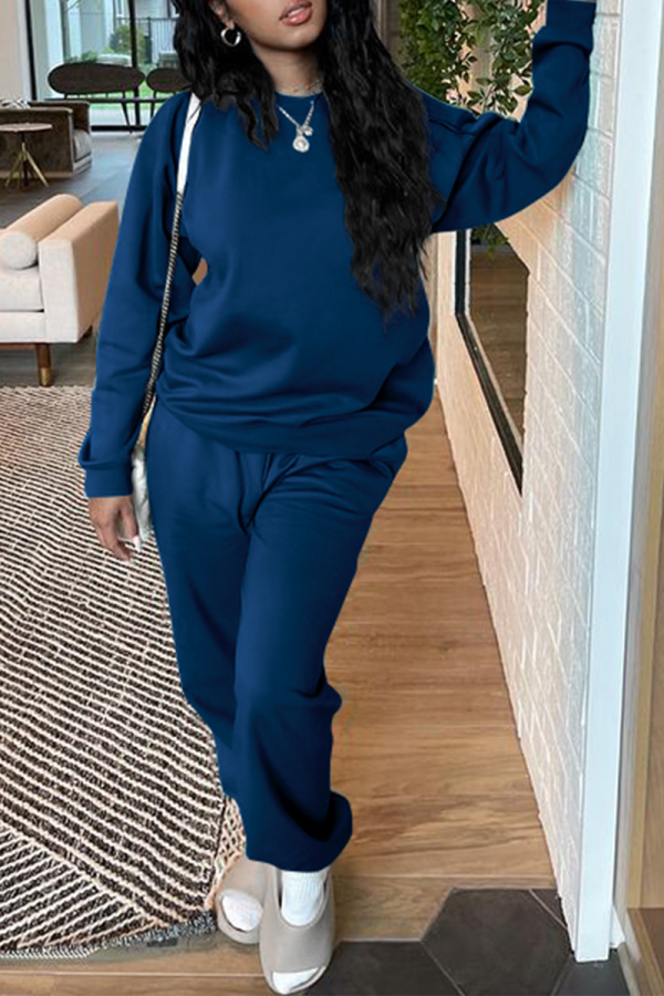 Royal Blue Casual Solid Patchwork O Neck Long Sleeve Two Pieces