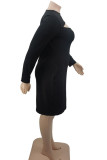 Black Sexy Solid Hollowed Out Split Joint O Neck One Step Skirt Plus Size Dresses