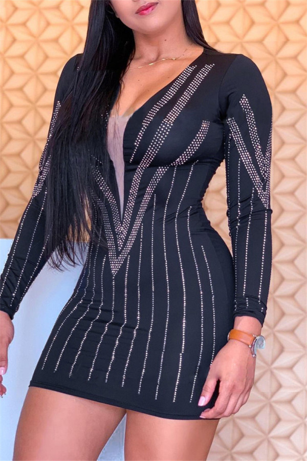 Black Sexy Patchwork Hot Drill V Neck Long Sleeve Dresses