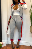 Grey Fashion Casual Print Patchwork Zipper Collar Long Sleeve Two Pieces