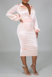 Red Fashion Casual Solid Basic Turndown Collar Long Sleeve Two Pieces