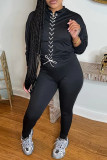 Black Fashion Casual Solid Bandage O Neck Long Sleeve Two Pieces