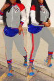 Grey Fashion Casual Print Patchwork Zipper Collar Long Sleeve Two Pieces
