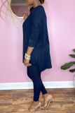 Blue Casual Solid Patchwork Half A Turtleneck Long Sleeve Two Pieces