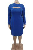 Blue Sexy Solid Hollowed Out Split Joint O Neck One Step Skirt Plus Size Dresses