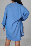 Baby Blue Fashion Casual Geometric Split Joint O Neck A Line Dresses