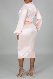 Light Pink Fashion Casual Solid Basic Turndown Collar Long Sleeve Two Pieces