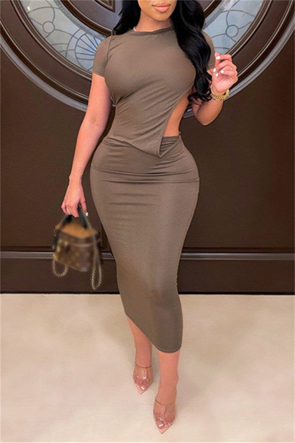 Khaki Sexy Casual Solid Hollowed Out O Neck Short Sleeve Dress Dresses