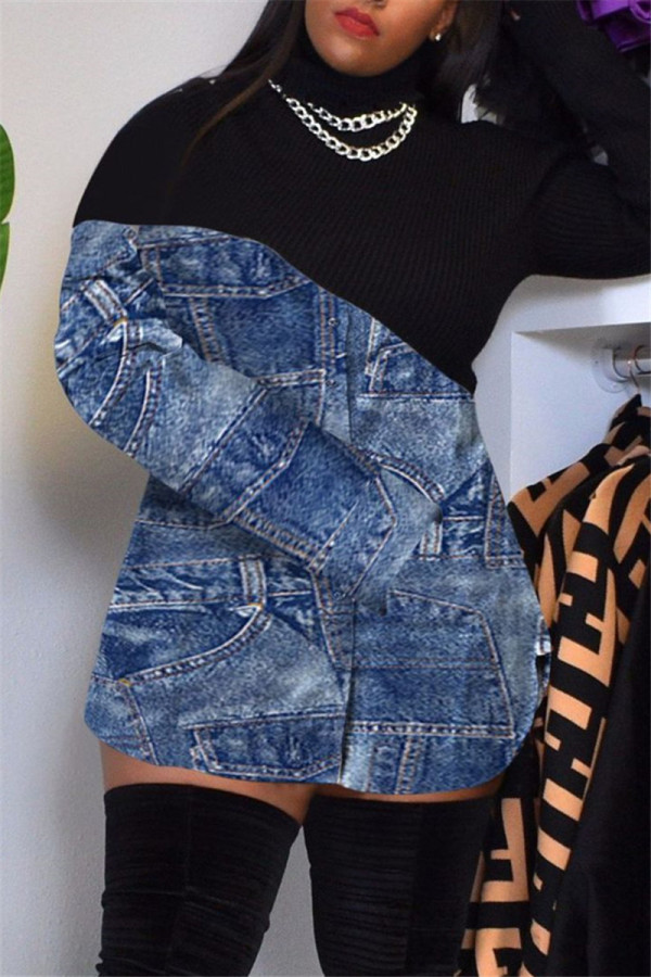 Blue Fashion Sexy Print Patchwork Turtleneck Long Sleeve Dress