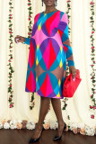 Multicolor Fashion Casual Print Basic O Neck Long Sleeve Dresses