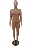 Coffee Fashion Casual Solid Basic V Neck Long Sleeve Two Pieces