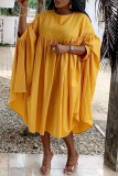 Rose Red Casual Solid Flounce O Neck Cake Skirt Dresses