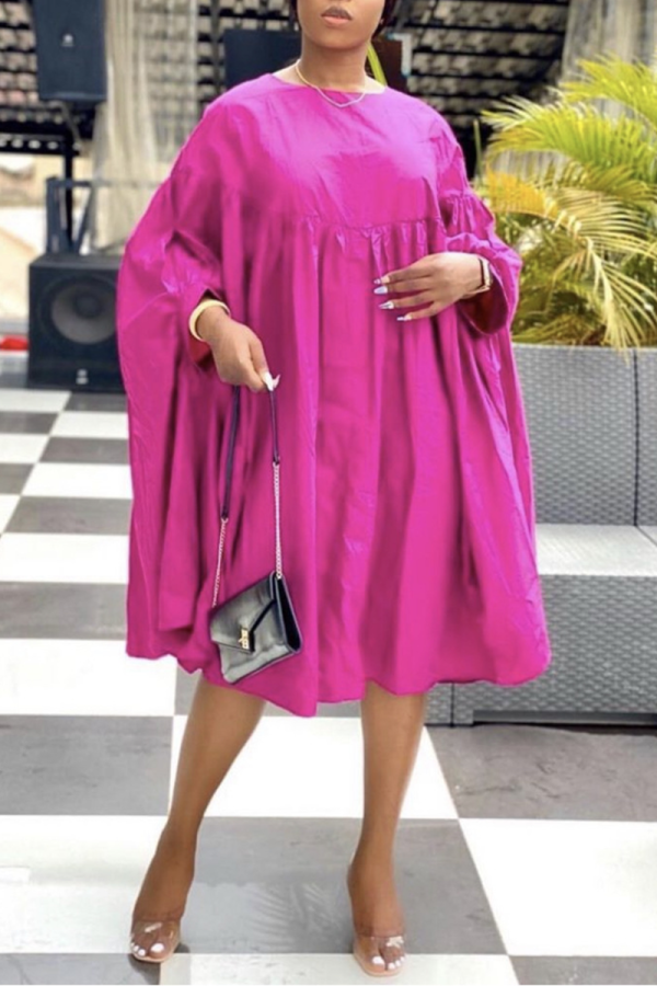 Rose Red Casual Solid Flounce O Neck Cake Skirt Dresses